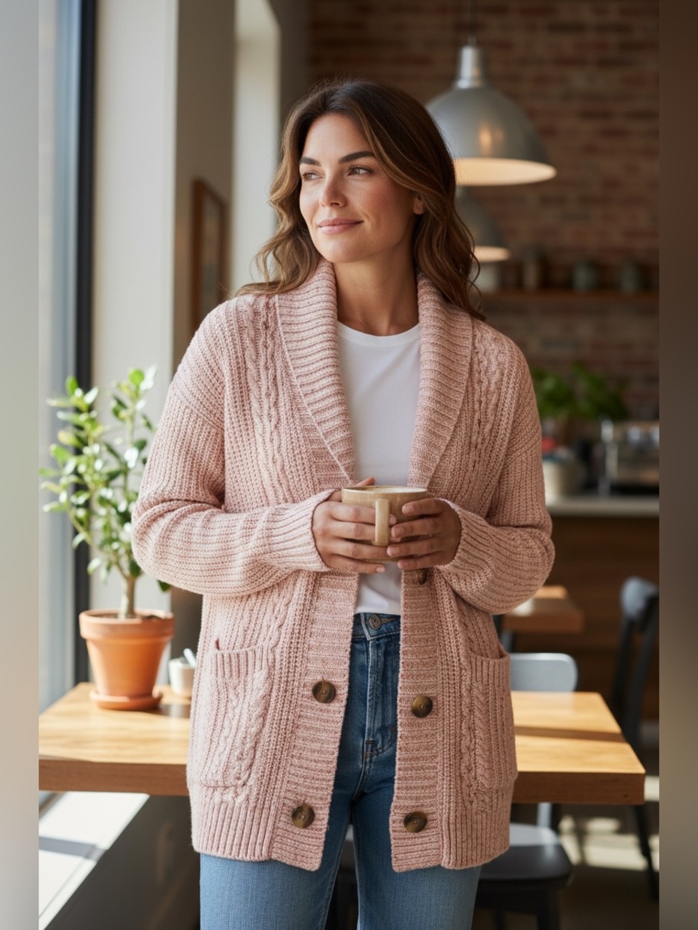 Lands' End Rose Pink Shawl-Collar Button Cardigan
